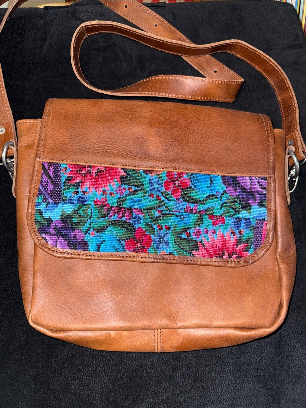 Tan Leather Crossbody Bag with Colorful Floral Panel - Picture 2 of 5
